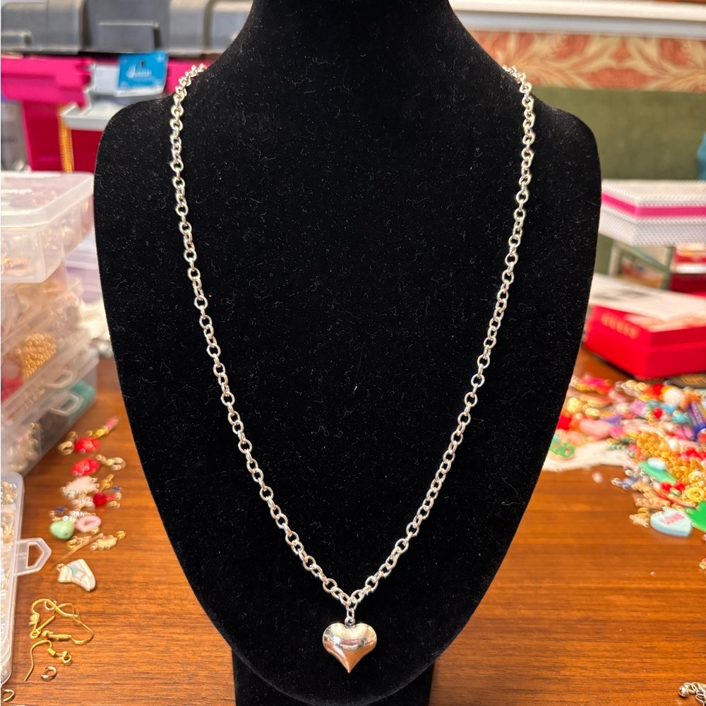 New handmade Silver tone puffed Heart Pendant Necklace